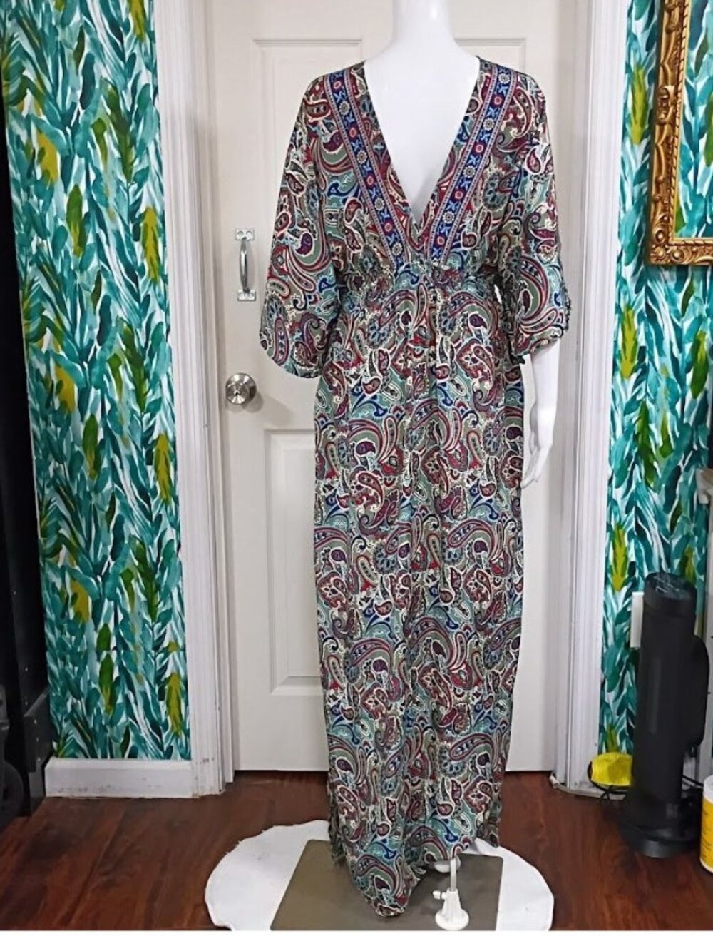 Earthbound Paisley Print Maxi Dress Boho V-Neck Elastic Waist XL - Picture 2 of 14